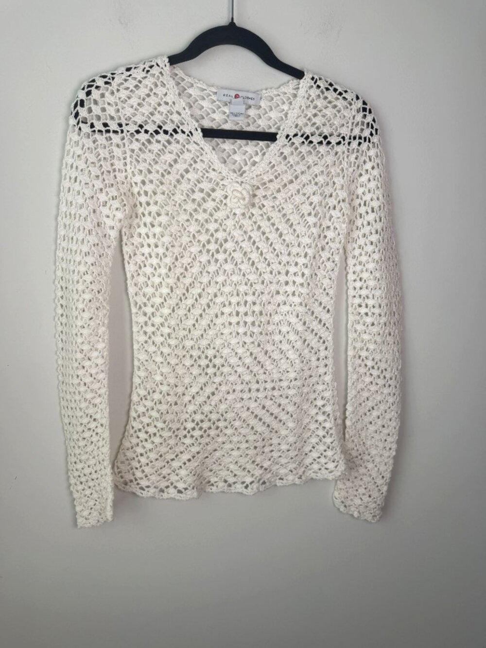 Real Clothes 100% Cotton Crochet Open Knit V-Neck Long Sleeve Top P Boho Hippie